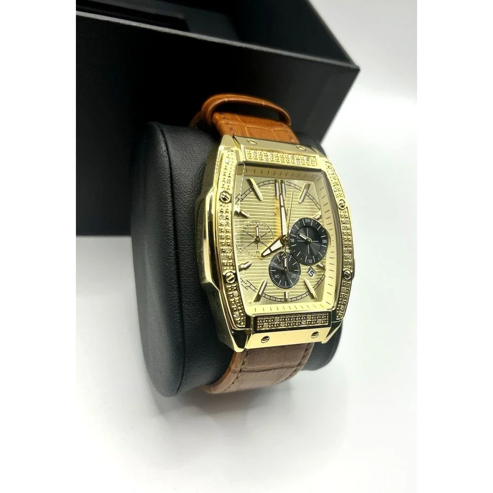 JBW Echelon Men's Chronograph Watch Gold Tone Brown Leather New Open Box
